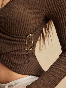 Easelle Brown Knit Jacquard Women's Cropped Fitted Top With Side Waist Metal Embellishments; Brown Textured Fabric Top With Decorative Metal Buttons. - Brown - View 6