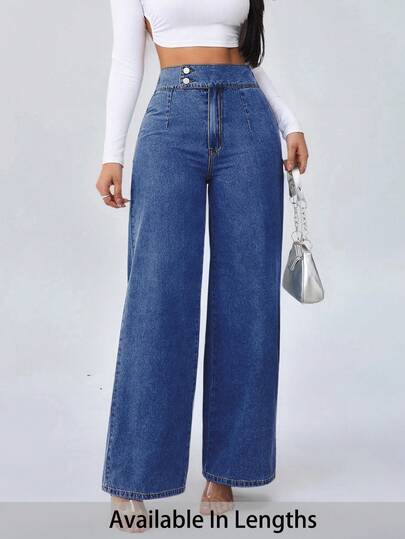 SHEIN PETITE CURVE Pantalones vaqueros anchos de unicolor con botones, versátiles, para mujer, talla grande, para otoño, invierno, vuelta al colegio, baile de bienvenida, Halloween, Navidad, ropa casual elegante, estilo campestre, vintage, modesto, negocios, trabajo, atuendos de maestra, atuendos de iglesia