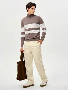 RONVEXI Men's Casual Colorblock Striped Turtleneck Sweater, Autumn/Winter - Mocha Brown - View 5