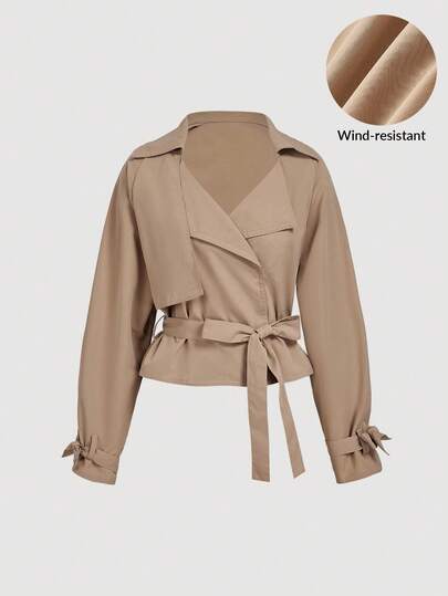 SHEIN MOD Vintage Khaki Short Trench Coat With Asymmetrical Design And Belt, Preppy Look, 70s, Casual, Comfortable, Commuting, Old Money Aesthetic, Ideal For School Attire, Teaching, And Office Wear Women Cropped Jacket Cropped Trench Coat Tie Waist Jacket Women Outerwear Women Light Jacket,Back To School,Teacher,Going Out Tops Women,Business Casual Woman,Office,Country Concert In Fall/Winter