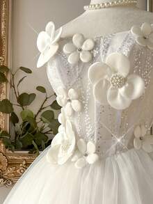 Lovelzi Elegant And Luxurious White Sequined Embroidered Mesh Dress, Handmade Three-Dimensional Flower Pearl Embellishments, Sailboat Neckline With Multiple Boning, Slim A-Line Silhouette, Short Style, Suitable For Weddings, Bridal Gowns, Formal Occasions, And Gift Parties (Heavy-Work Design). - White - View 2