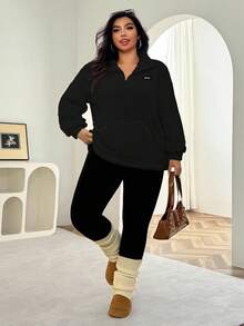 Solflare Plus Size Women's Casual Loose Fit Drop Shoulder Black Sweatshirt, Autumn/Winter - Black - View 3