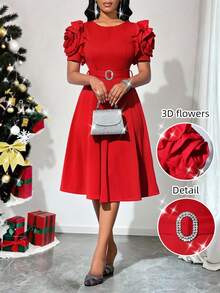 SHEIN Lady Damen Einfarbiges Midi-Kleid mit rundem Ausschnitt, kurzen Ärmeln und 3D Blumen Dekor - Rot - Übersicht 1