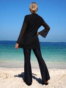 Swim Mulvari Bộ đồ bơi liền thân tay loe đính kim loại phong cách Trung Đông dành cho nữ, Bộ đồ bơi 3 mảnh xuân/hè phong cách Trung Đông - màu đen - Xem 2