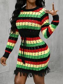 Glyssa Women's Vintage Stockholm Tulum Style Black And White Striped,Autumn,Sreetwear,Night Out Hollow Out Tassel Bodycon Dress,Elegant Workwear For Office - Multicolor - View 6