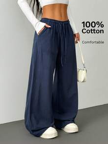 SHEIN PETITE Damen Marineblau Baumwolle und Leinen Hose,Herbst Lässig Loungewear Kordelzug Elastischer Bund Schräge Taschen Weites Bein Hose,Sommer Lockere Hose,Petite Damen - marineblau - Übersicht 4