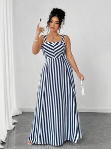 SHEIN Elenzya Váy kẻ sọc không tay thanh lịch dành cho nữ, mùa hè - Màu xanh hải quân - Xem 1