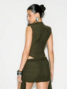 KIZN High Neck Wide Shoulder Sleeveless Fitted Bodysuit With Shoulder Padding - Army Green - View 2