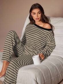 Lazeform Striped Print Casual Asymmetrical Shoulder Women Pajama Set Striped Pajama Set - Multicolor - View 1