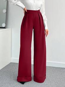 SHEIN Tall 女款純色高腰寬腿長褲，適合高個女性 - 酒紅色 - 查看 4
