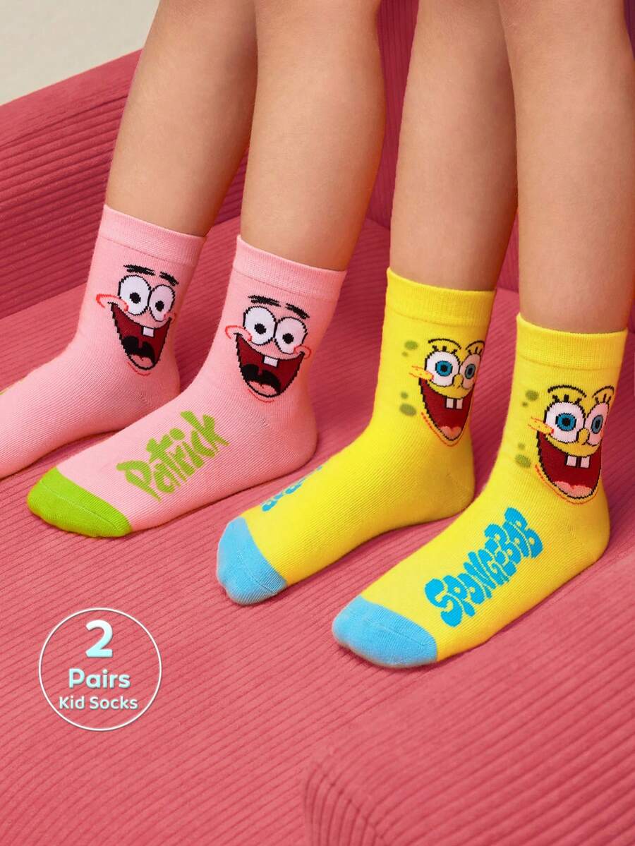 SpongeBob SquarePants | SHEIN 2双装纯棉柔软透气吸湿儿童中筒袜,黄粉色可爱卡通图案,加固趾部和后跟,经久耐穿,男女通用,四季皆宜,适合学校和户外活动,夏季和冬季均可穿着。帕特里克 - 彩色 - 查看 1