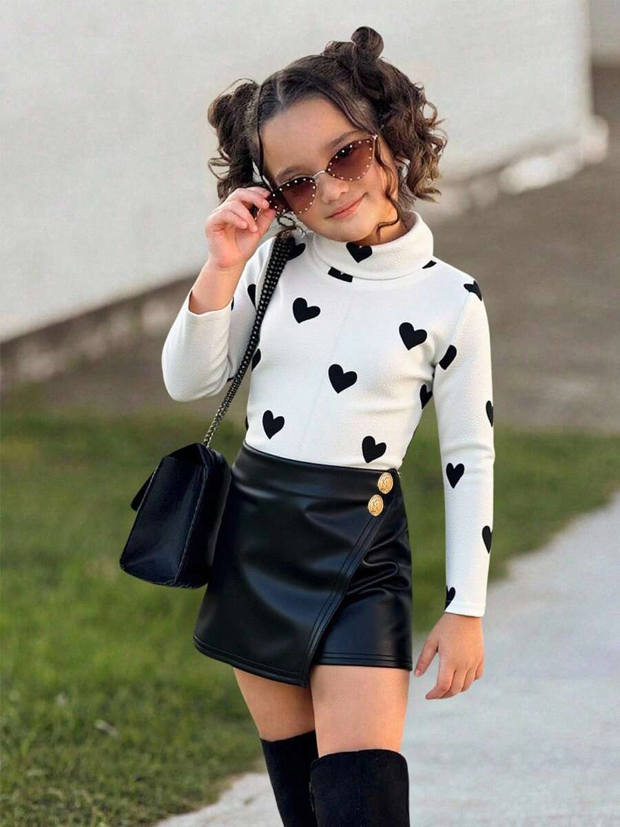 SHEIN 2件套女童黑白爱心印花高领T恤裙和裤子，适合日常通勤和秋季穿着。 - 黑與白 - 查看 1