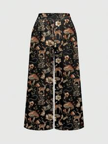 ROMWE Fairycore Hippie Boho Vintage Mushroom Forest Print Loose Gothic Style Women Pants - Black - View 2