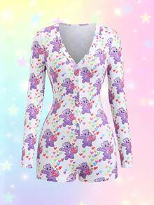 SHEIN Unity 1 bộ đồ liền thân in họa tiết cổ chữ V cài nút tay dài cho nữ, quần yếm bó sát co giãn thoải mái, đa năng cho gia đình, hẹn hò, Giáng sinh, phong cách Y2K - Nhiều màu - Xem 3