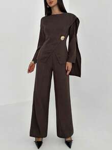 Aloruh Conjunto Elegante de 2 Peças Feminino com Top de Manga Longa e Calça com Bainha Dividida, Cor Sólida Marrom Chocolate, para Escritório e Outono - Castanho - Visão 6