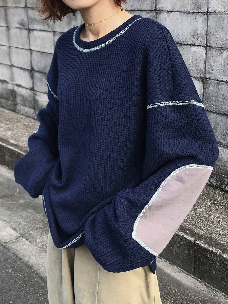 FRIFUL 女士撞色圆领落肩长袖撞色明线装饰休闲宽松百搭T恤,秋冬款 - 藍色 - 查看 1