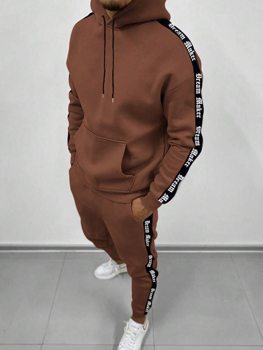 Manfinity Homme 2pcs Men's Casual Hooded Sweatshirt & Sweatpants Set - Brown - View 1