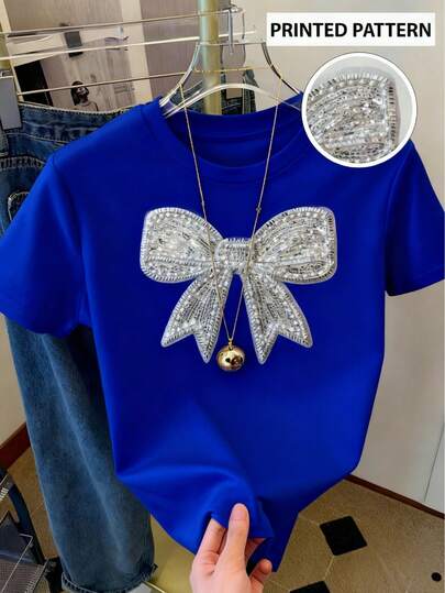 Camiseta de mujer de verano con estampado de mariposa oversize casual con detalle de moño