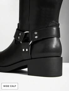 SHUZIA Women's Wide-Calf Fashion Comfortable Block Heel Mid-Calf Combat Boots With Strap And Hardware Decor For Christmas - Black - View 6