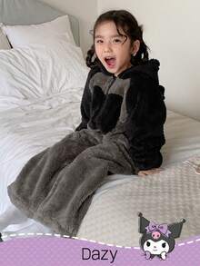 DAZY HELLO KITTY AND FRIENDS | SHEIN Young Girl Embroidered Color Block Hooded Long Sleeve Jumpsuit Pajama Thermal Lined, Winter - Black - View 6