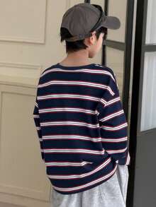 Dazy Kids Camiseta de manga larga con cuello redondo a rayas informal y oversize para niño preadolescente, otoño y primavera - Azul Marino - Ver 6