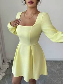 Rafferiza Women's Sweet Romantic Textured Elegant Aristocratic Minimalist Luxury Party Afternoon Tea Casual Dress With Square Neck Long Sleeve Waist Cinched Short Dress - Yellow - View 6