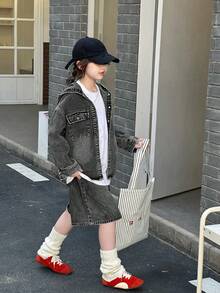 Genkimix Kids Denimly Tween Girls 学院风休闲日常都市街头牛仔连帽开衫，宽松舒适百搭休闲简约百搭