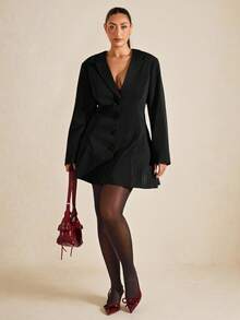 SHEIN BAE 秋冬季大码优雅通勤褶裥前开襟纽扣连衣裙 - 黑色 - 查看 2