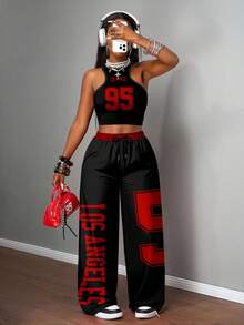 Slaydiva 两件套女士休闲街头风紧身吊带背心和宽松长裤套装，适合街头穿着 - 黑色 - 查看 4