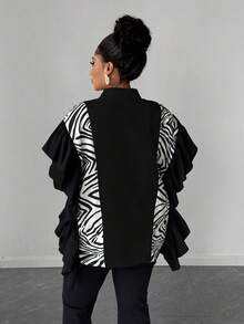 Maweii Plus Size Autumn Casual Patchwork Zebra Print Ruffle Trim Front Button Shirt - Black - View 3