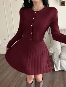 Feyla 2 piezas Conjunto de vestido y cárdigan de punto oversize para mujer, traje de vestido de suéter de otoño/invierno - Burdeos - Ver 6