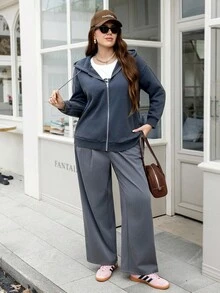 SHEIN LUNE Plus Size Women's Solid Color Drop Shoulder Hooded Drawstring Zip-Up Casual Versatile Sweatshirt,Winter Christmas For Women Party Hooded - Dark Grey - View 9