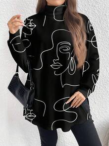 EMERY ROSE Women's Plus Size Casual Portrait Graphic Print Long Sleeve Turtleneck Tunic T-Shirt, Suitable For Teacher's Day And Back To School Season, Spring/Autumn Women Long Sleeve Dress Oversized Graphic Tshirt Graphic Tees Women Oversized Oversized Sweatshirt Woman Black Graphic Shirt Women Long Sleeve Top,Flower/Summer/Vacation - Multicolor - View 3