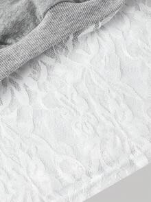 SHEIN MOD Women's Casual Everyday Commute Contrast Lace Asymmetrical Neck Loose Pullover Sweatshirt, Spring/Autumn Cropped Sweatshirt Crop Sweater Women Long Sleeve Crop Grey Crop Top Concert Top Autumn Winter Women Women's Winter Sweatshirts Christmas Sweatshirt - Light Grey - View 3