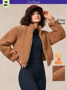 OutZeal AeroHeat-Fleece 短款拉链长袖外套，带侧袋，女士冬季外套 - 駝色 - 查看 1