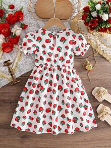 1pc Girls Rose Print Puff Sleeve Dress, Waist Ruffle Decor, New Style, Girls Dress, Suitable For Daily Wear