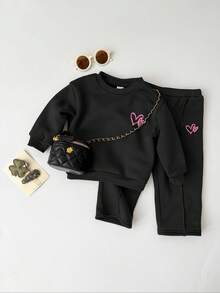 Set de bluză cu mânecă lungă și pantaloni de trening cu imprimeu floral pentru bebeluși, fete, casual, cu imprimeu floral, culoare solidă, lejeră, cu umeri căzuți, cu mânecă lungă, și pantaloni de trening cu picior larg - Negru - Vizualizare 4