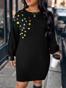 EMERY ROSE 大码女式纯色针织激光串珠刺绣休闲优雅毛衣连衣裙，适合圣诞节、返校季、浪漫假期、办公穿着 - 黑色 - 查看 10