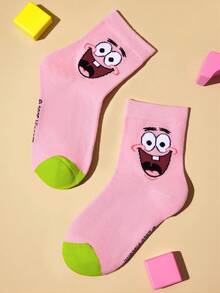 SpongeBob SquarePants | SHEIN 2双装纯棉柔软透气吸湿儿童中筒袜，黄粉色可爱卡通图案，加固趾部和后跟，经久耐穿，男女通用，四季皆宜，适合学校和户外活动，夏季和冬季均可穿着。帕特里克 - 彩色 - 查看 7