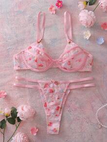 SHEIN Women's Floral Lace Comfortable Lingerie Set - Pink - View 4