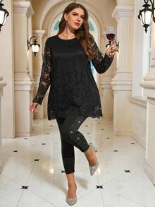 Miaspire 大码优雅纯色黑色蕾丝长袖T恤，秋冬季，外出穿着，2025新款，简约时尚，适合日常穿着，冬季舒适透气，圣诞节，新年 - 黑色 - 查看 5