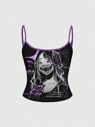 Top de tirantes sexy de estilo gótico con estampado de ojo morado y negro, de estilo anime y manga, con un toque misterioso y sangriento para mujeres