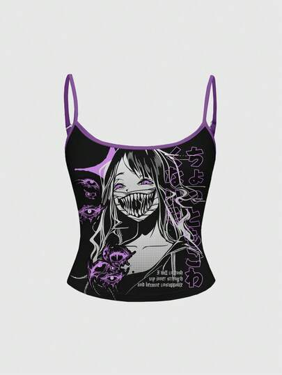 Top de tirantes sexy de estilo gótico con estampado de ojo morado y negro, de estilo anime y manga, con un toque misterioso y sangriento para mujeres