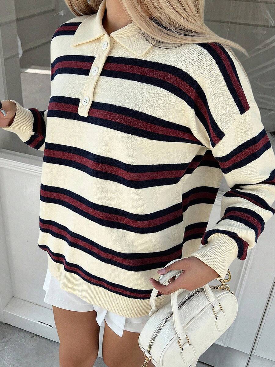 Livesso Damen Herbst Retro gestreifter Rollkragenpullover - marineblau - Übersicht 1