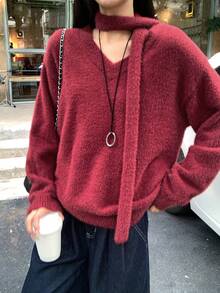 DAZY Women's Elegant Solid Color V-Neck Scarf Sweater, Autumn/Winter New Year Christmas - Burgundy - View 8