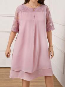 Miaspire Plus Size Women's Round Neck Mesh Splice Casual Daily Wear Spring Summer Ripe Elegant Mom Pink Dress