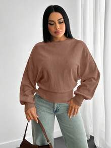 EURMUSE Áo len dệt kim có cấu trúc với tay áo bồng bềnh, eo ôm, bo cong - Màu nâu  Mocha - Xem 6