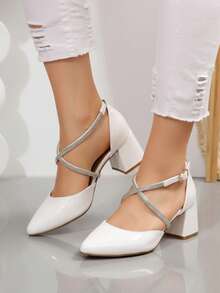 Zapatos de tacón mujer tiras brillantes punta fina hebilla tacón grueso estilo elegante fiesta boda diario pumps - Blanco - Ver 3