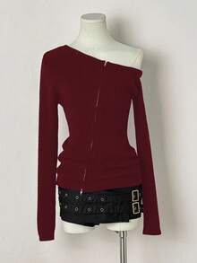 EgrlEra 女士简约甜美蓝色不对称肩部长袖拉链圆领开衫针织毛衣，秋冬款