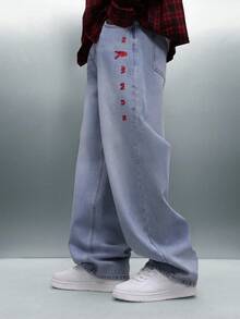 PLAYBOY X SUMWON Quần Jeans Denim Ống Rộng Giặt Sáng Màu Có Thêu Viền Đỏ, Dáng Dài Thoải Mái, Phù Hợp Mặc Hàng Ngày, Mùa Đông Xuân - Màu xanh lam - Xem 5